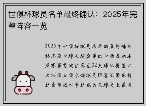 世俱杯球员名单最终确认：2025年完整阵容一览